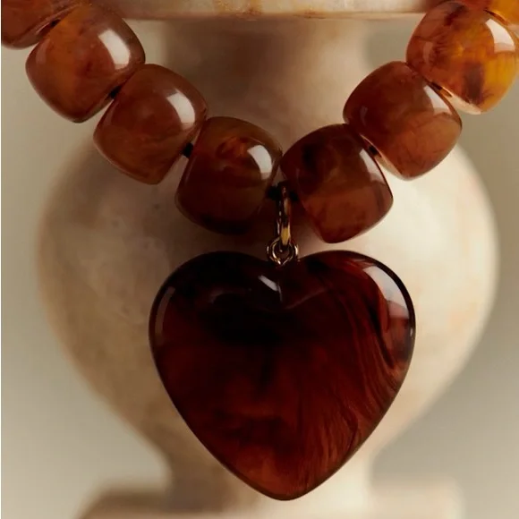 Sezane Rich Brown Beaded Necklace with Heart Pendant - Picture 3 of 3